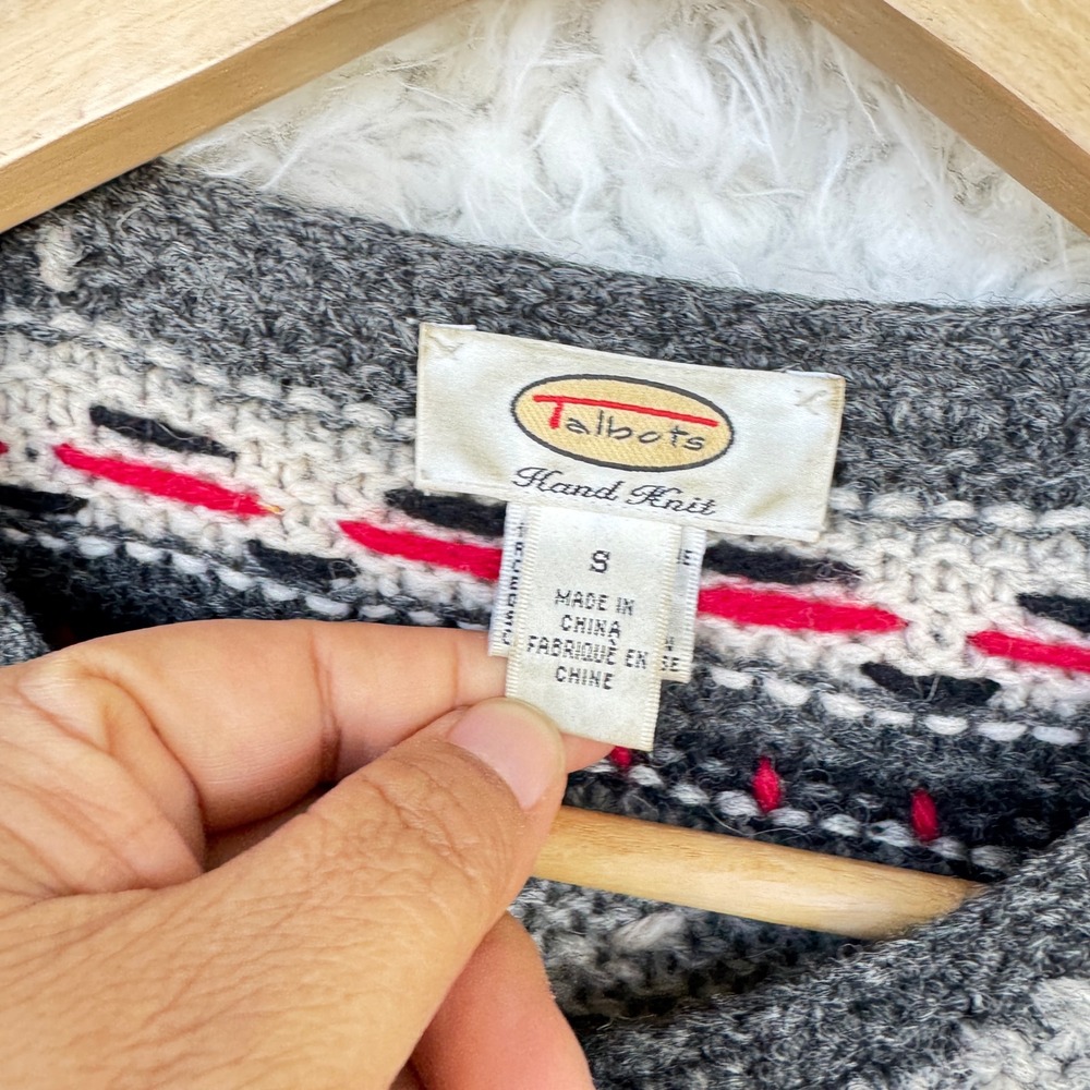 Talbots Small Hand Knit Wool Fair Isle Cardigan Sweater Gray Red Grannycore VTG - Picture 3 of 8